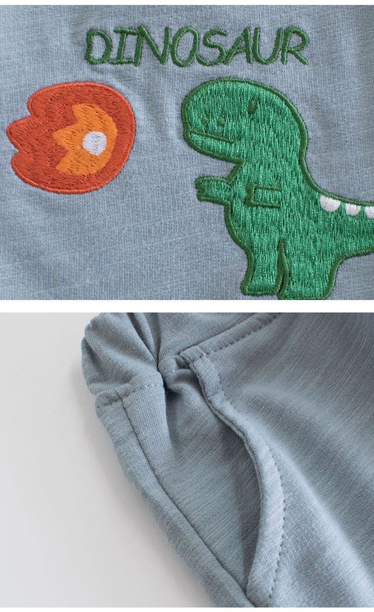 純棉腰鬆緊休閒五分褲-噴火恐龍-深藍色