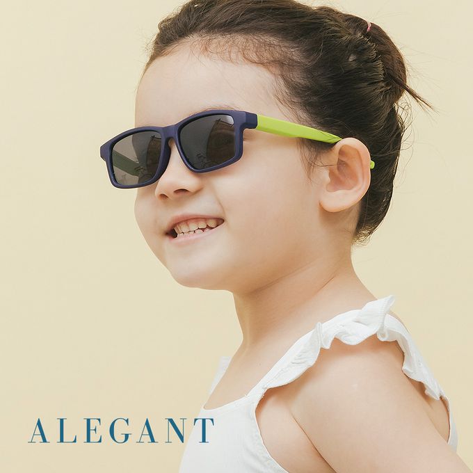 ALEGANT - 普普風海軍藍綠拚色中性兒童專用輕量方形彈性偏光墨鏡│UV400太陽眼鏡