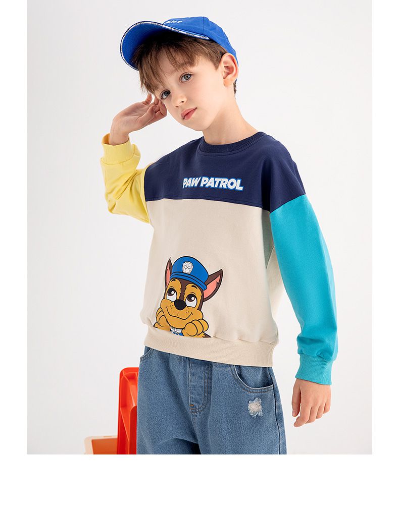 卡通汪汪隊純棉圓領拼接長袖上衣-卡通人物阿奇-紅+綠+杏