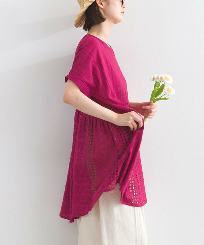 日本 Lupilien - 100%印度棉 柔美緹花長版短袖上衣-炭灰