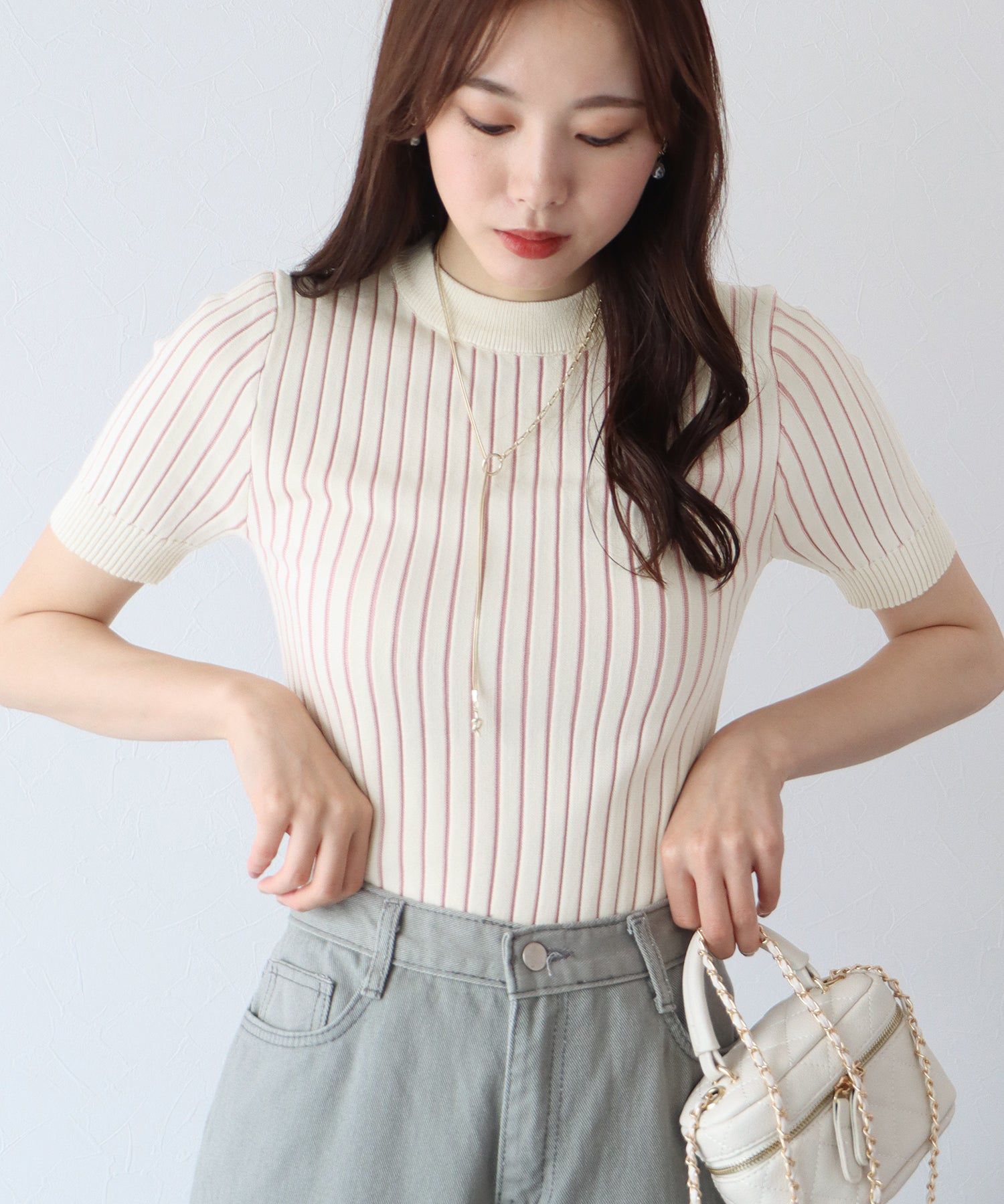 日本 BLUE EAST - 彈性寬羅紋薄針織短袖上衣-淺粉x白