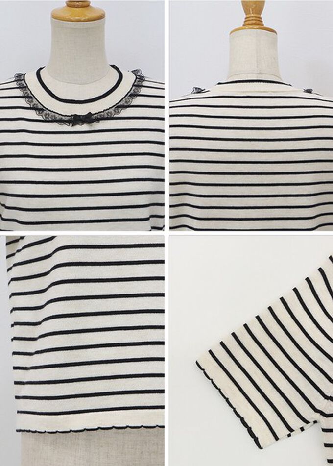 日本 BLUE EAST - 蕾絲蝴蝶結領條紋針織短袖上衣-海軍藍