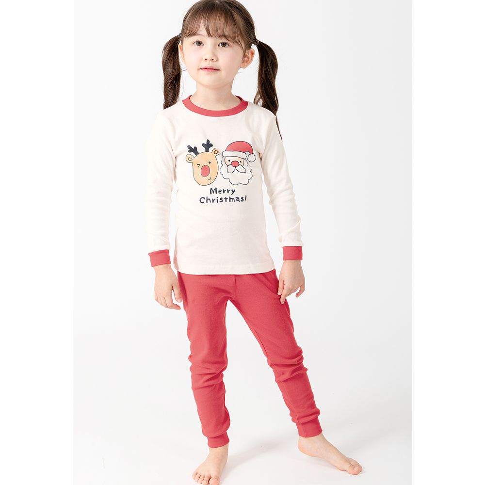 韓製30支純棉柔軟長袖家居服-馴鹿X聖誕老人-米X紅