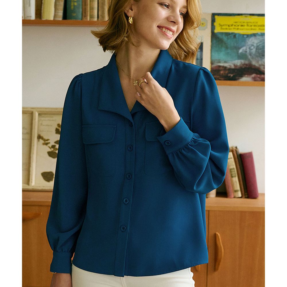 復古棉質口袋長袖襯衫-靛藍色