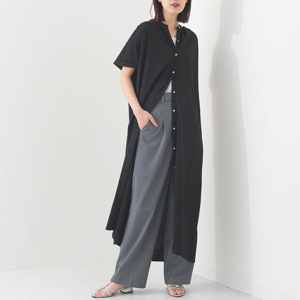 接觸涼感 氣質金釦襯衫式短袖洋裝-黑