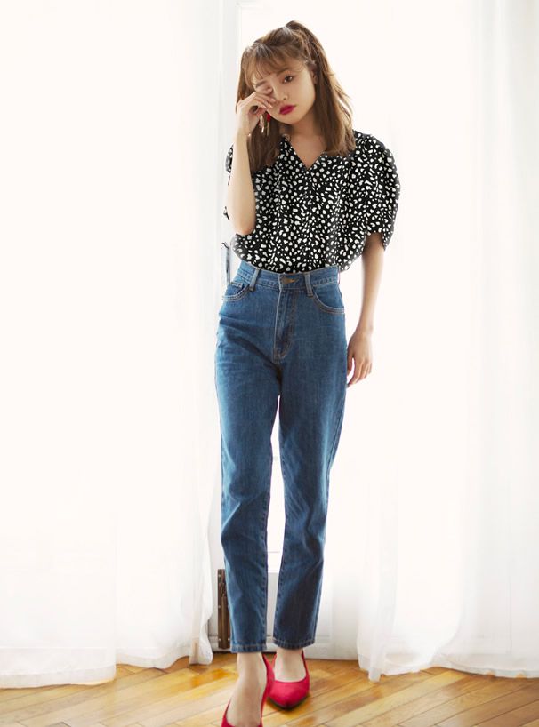 日本 GRL - 復古V領豹紋雪紡短袖上衣-白