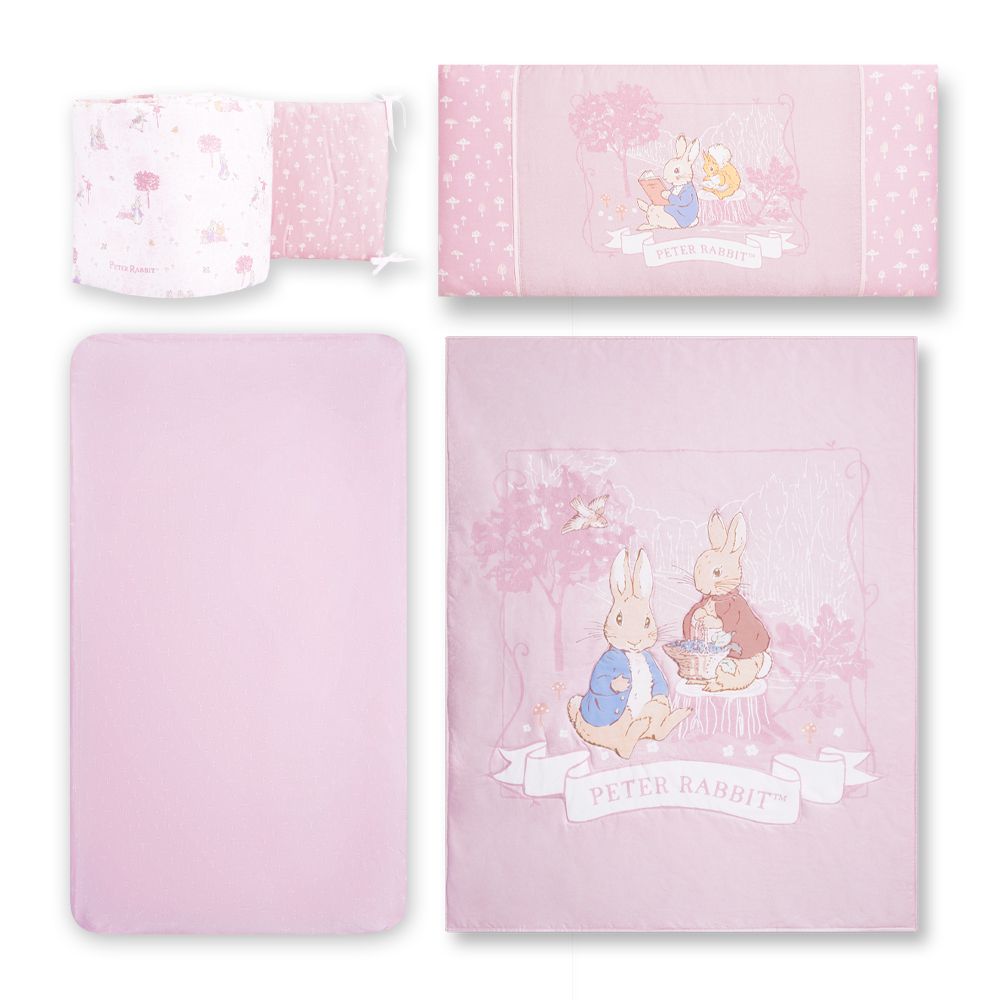 悅讀比得兔中床四件床組/寢具組-M(床頭 床圍 床包 寶寶被 嬰兒寢具 寶寶寢具)-粉色