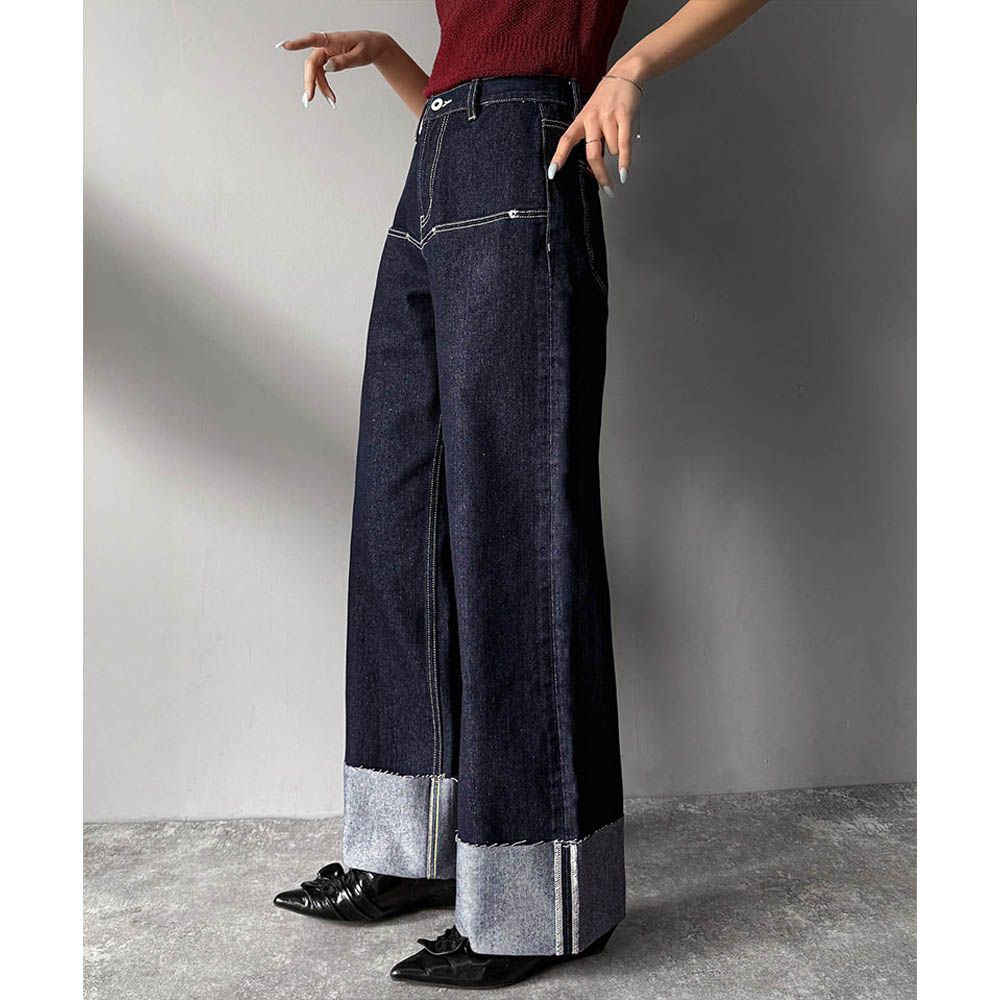 Java 時尚大反摺修身丹寧寬褲-海軍藍