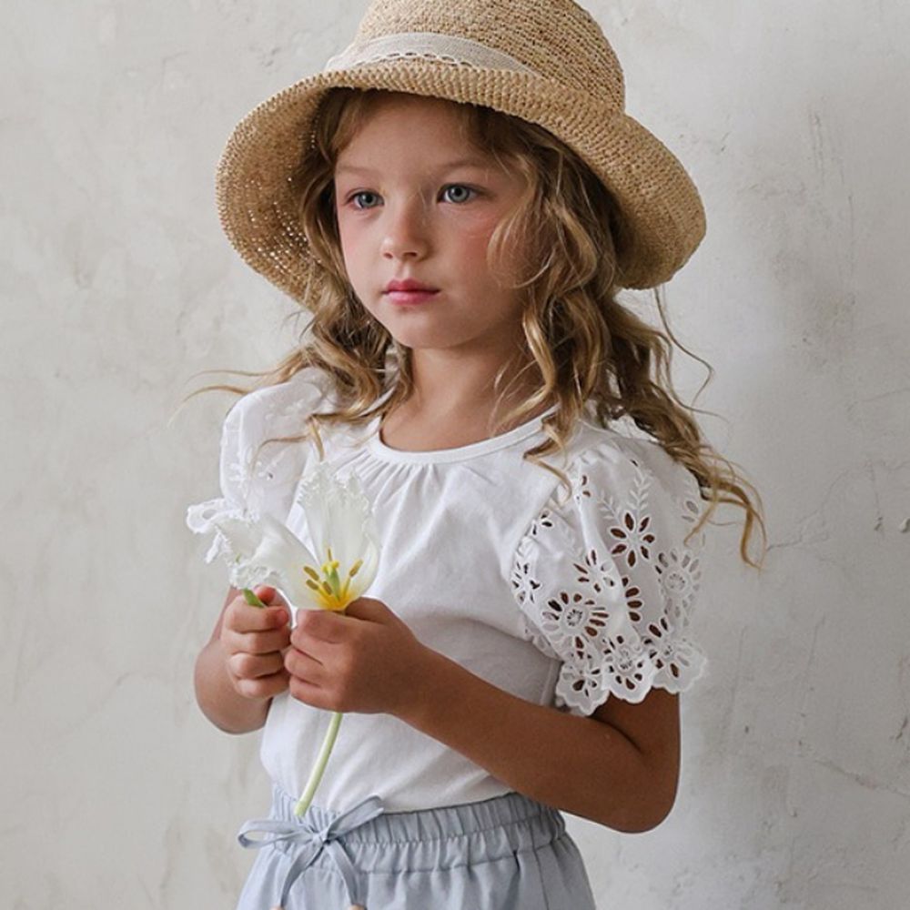 Puellaflo 造型鏤空蕾絲泡泡袖純棉上衣-白