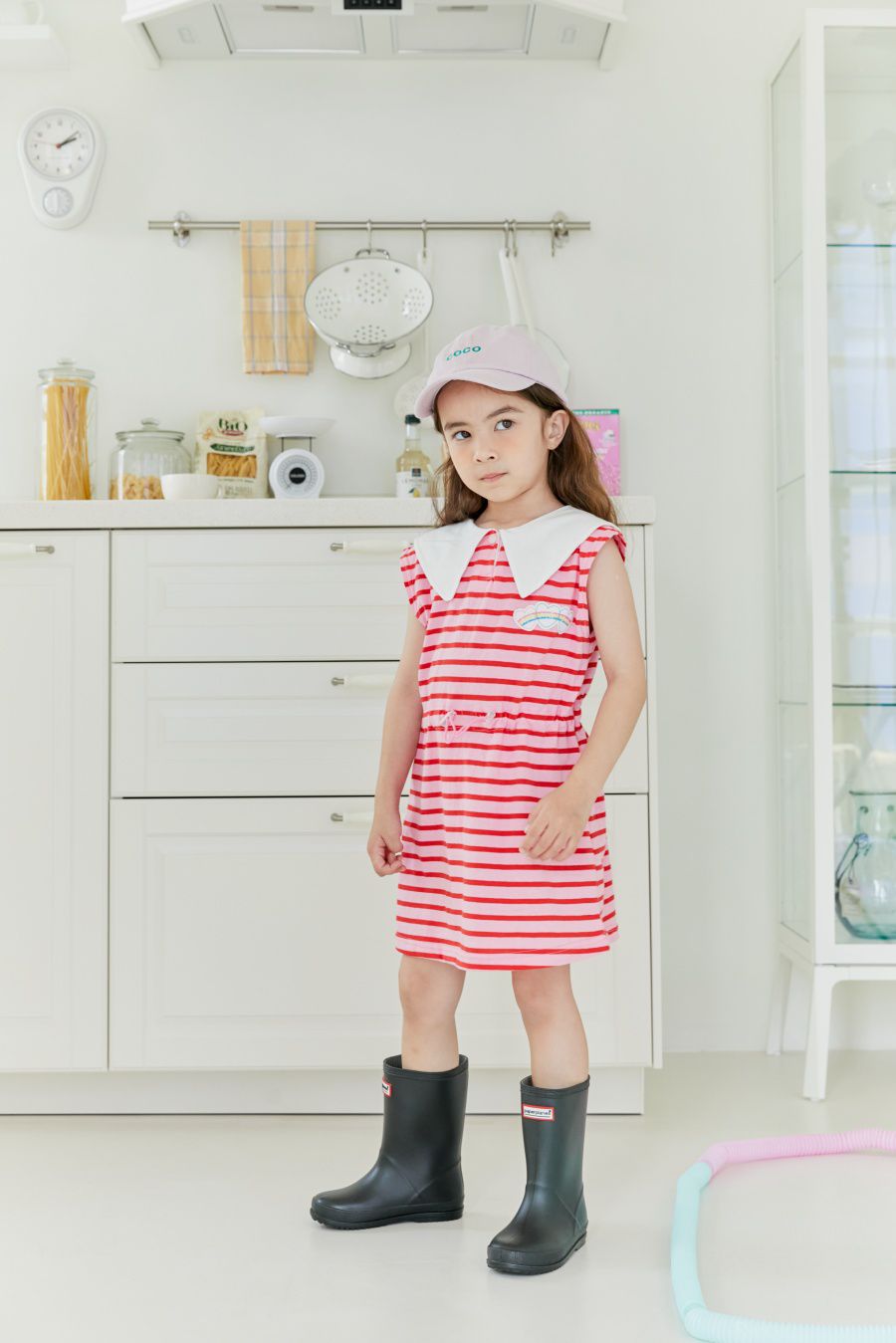 韓國 MINIATURE - 氣質翻領縮腰橫紋洋裝-粉紅