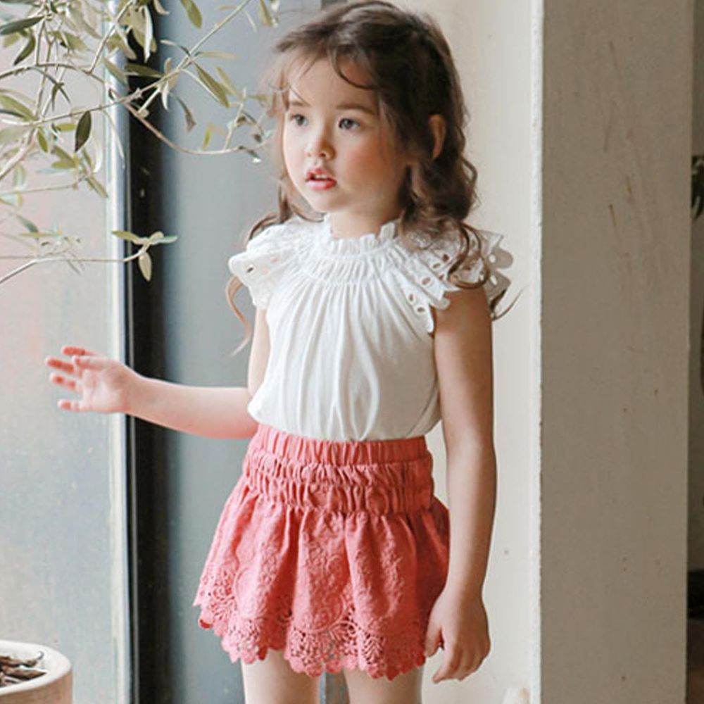 韓國 Puellaflo - (現省$50)華麗雕花褲裙套裝-白X莓果粉