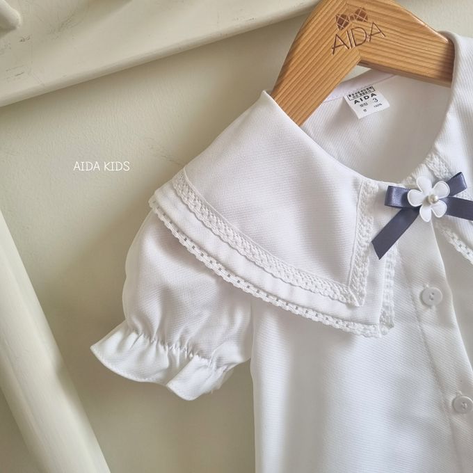 韓國 AIDA - 大方花布雕刻翻領短袖襯衫-白