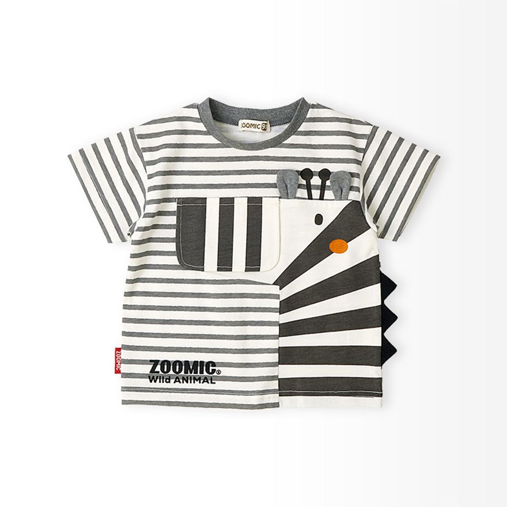 翻蓋可愛動物臉天竺棉短袖上衣-斑馬-灰