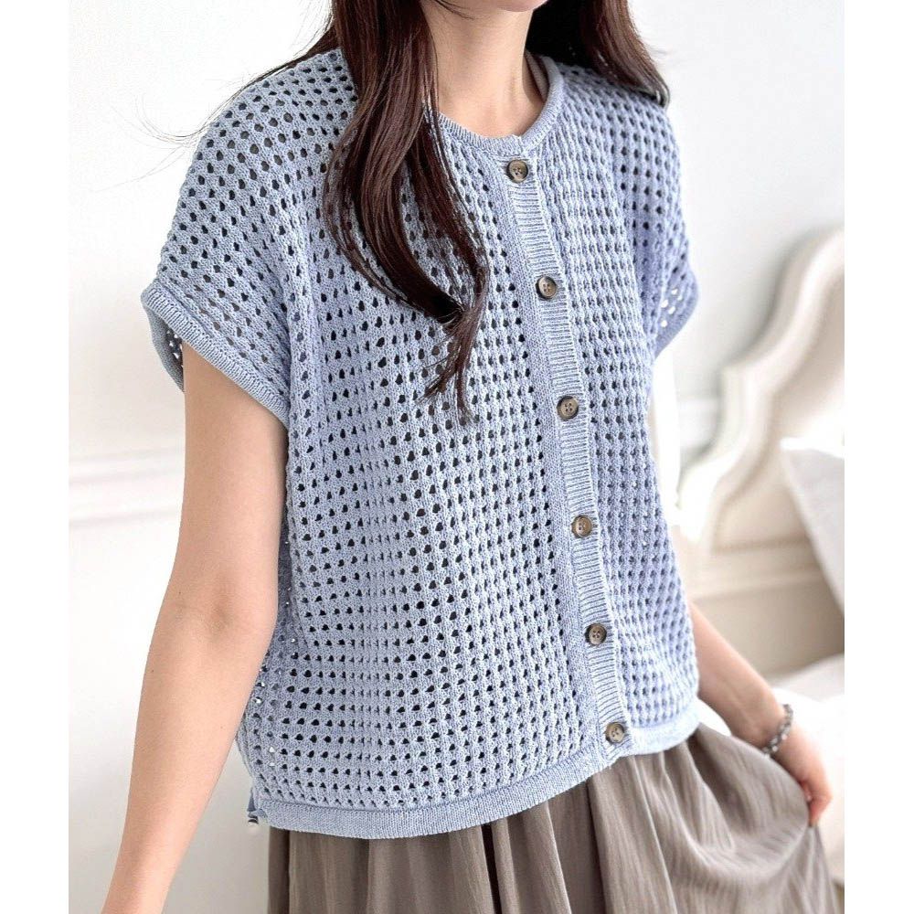 韓製 洞洞針織圓領抽繩背心外套/上衣-淺灰藍 (FREE)
