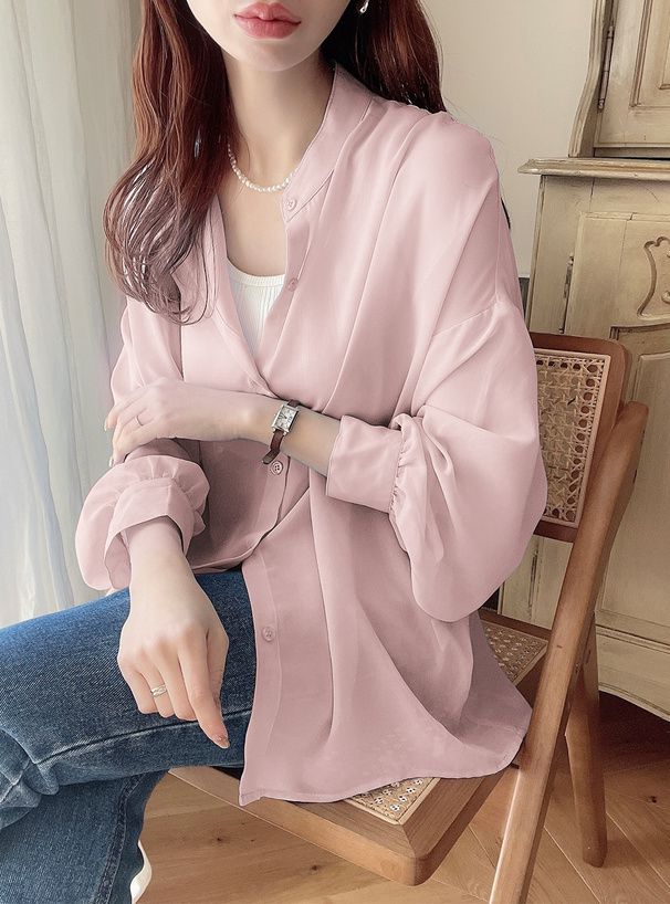 日本 GRL - 透膚感泡泡袖薄長袖襯衫-水藍 (F)