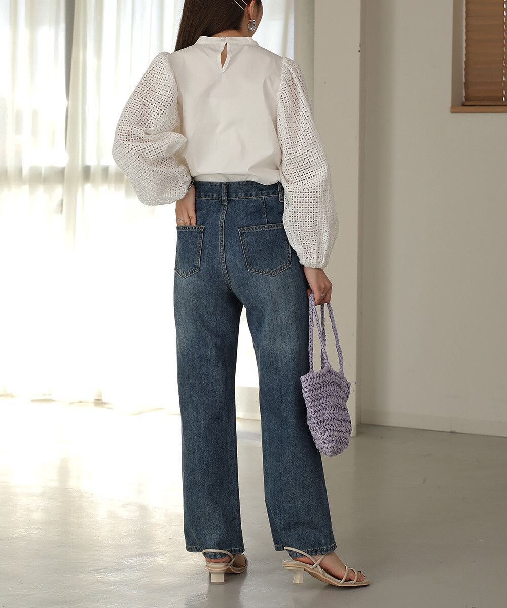 日本 Bab - 棉質立領雕花泡泡袖上衣-氣質米