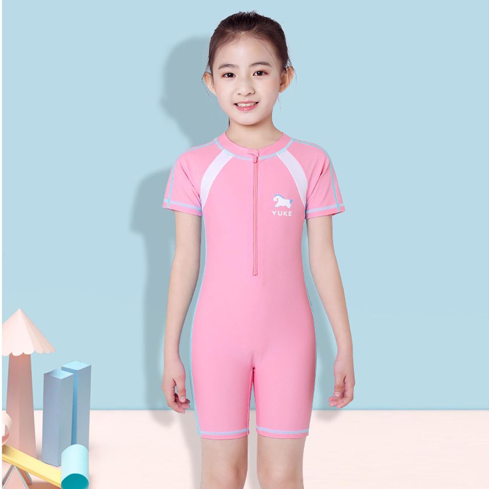 運動風女寶短袖連身泳裝-獨角獸-粉色