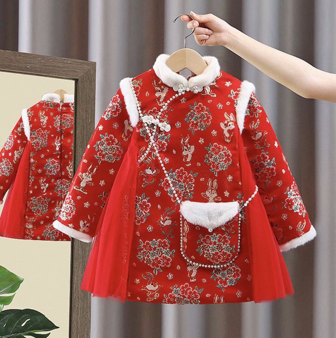 love, charlotte - 拜年旗袍領卡通兔繡花圖騰洋裝-加厚鋪棉-紅色