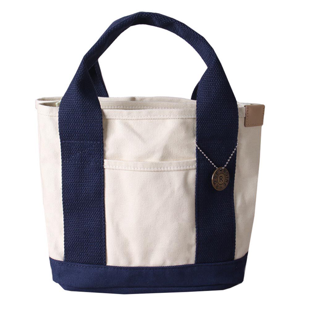 加厚大容量帆布手提包/便當袋-白+深藍 (23x15x21cm)