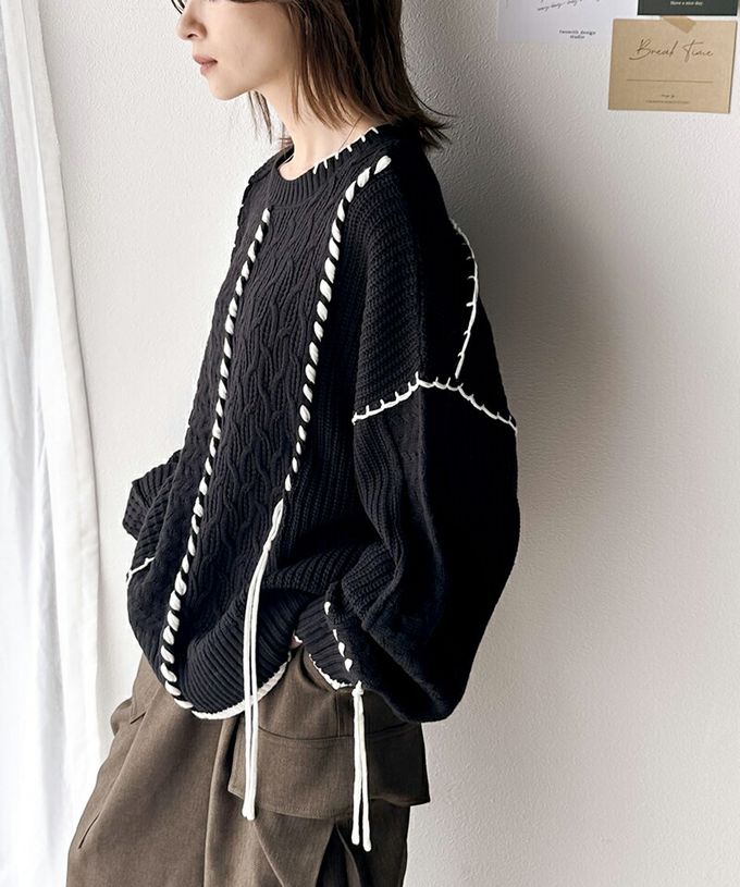 日本 Classical Elf - 2way跳色毛線編織寬鬆長版毛衣-象牙