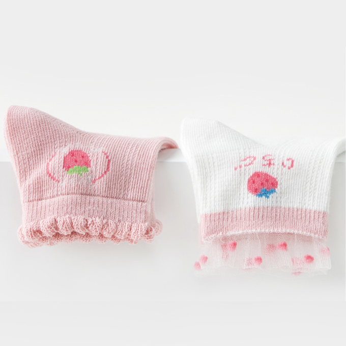 love, charlotte - 花邊可愛草莓粉色網眼短筒襪-5 雙一組