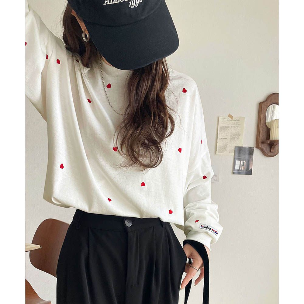 Java 滿版甜蜜心型長袖上衣-白底x紅