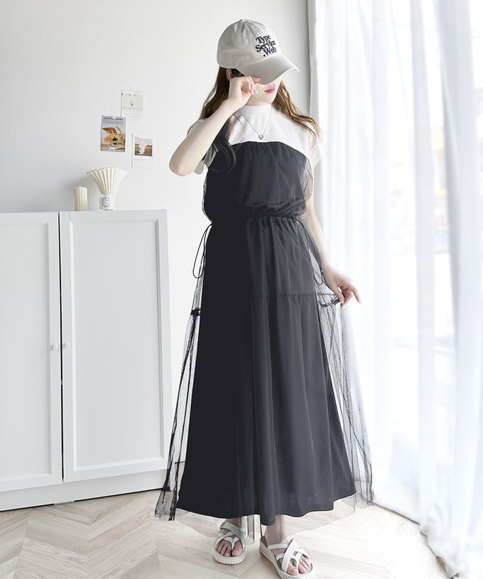 日本 Classical Elf - 顯瘦抽繩薄紗拼接法式袖洋裝-白黑