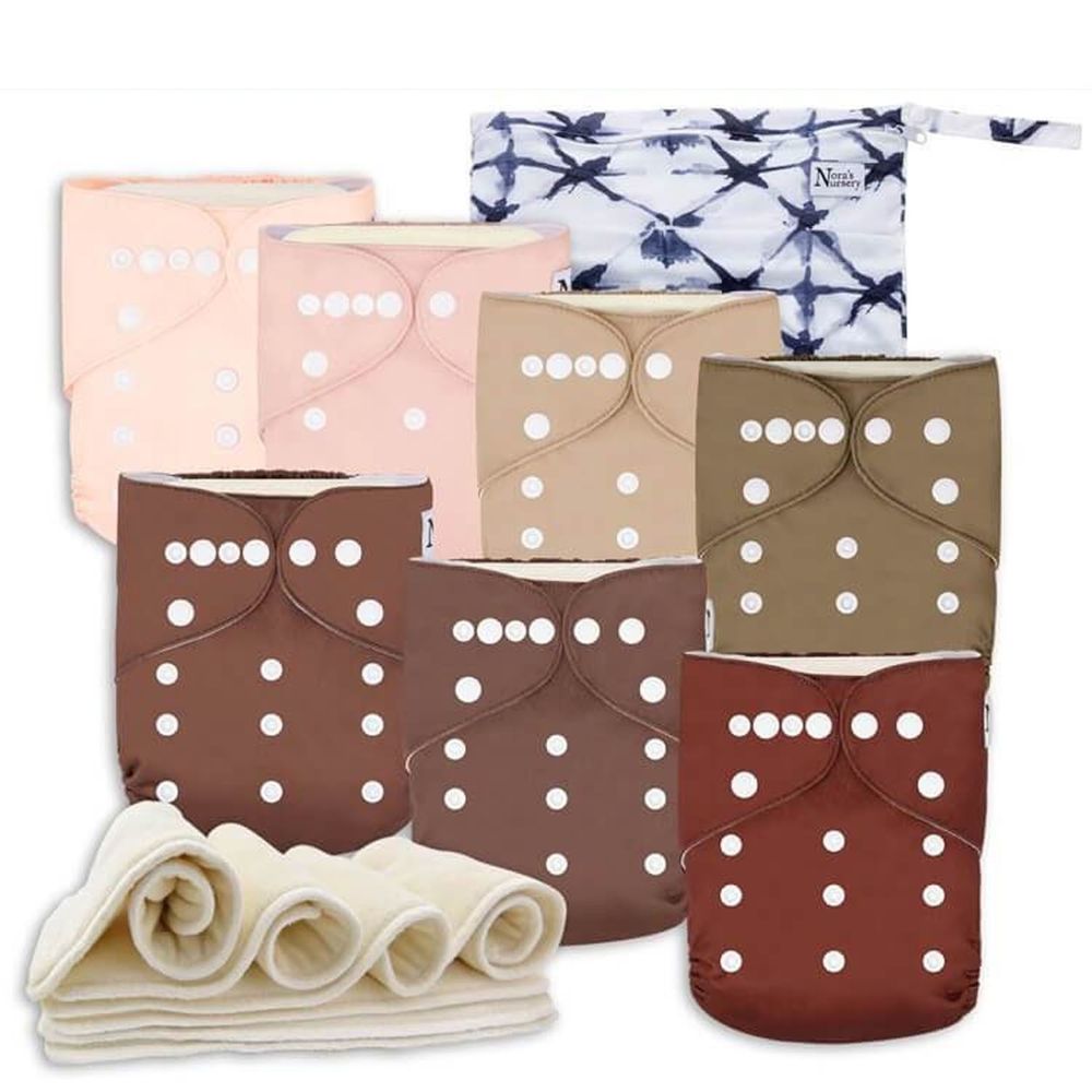 Nora's Nursery - 成長型口袋式布尿布-7件組 送收納袋 附尿墊-療癒粉色 (4.5~16公斤)