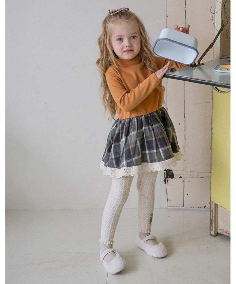 Puellaflo 焦糖拼接格紋蕾絲蓬蓬裙洋裝