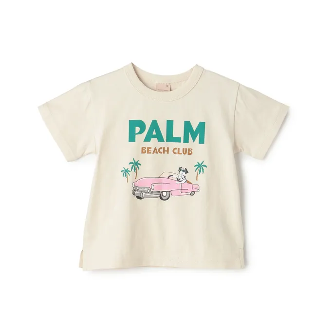 日本 petit main - 100%棉 可愛百搭短袖上衣-沙灘跑車-米杏