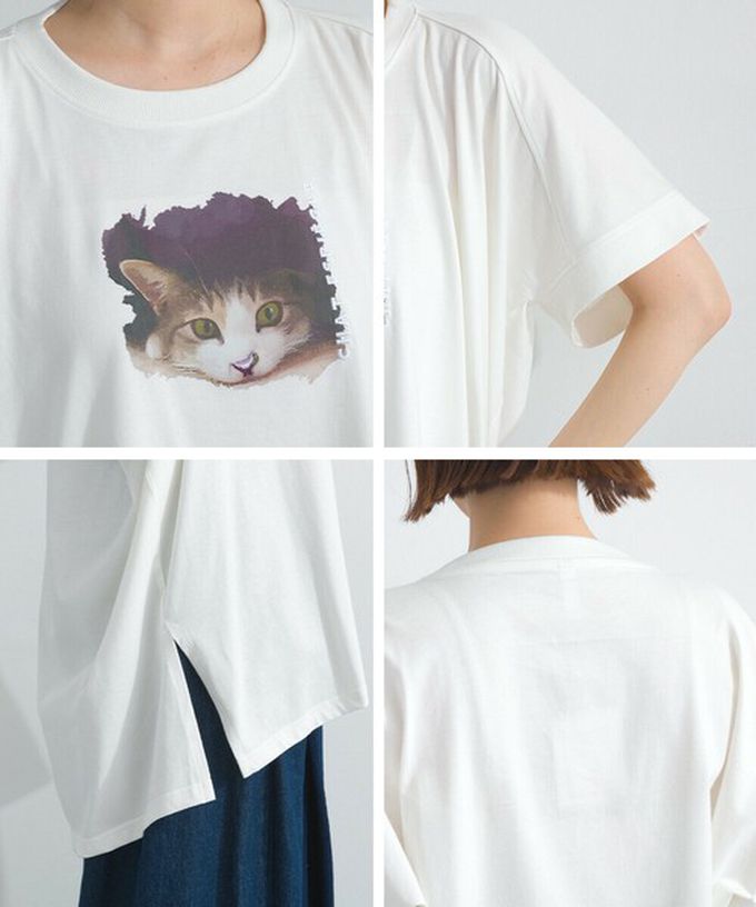 日本 Lupilien - 療癒休閒感落肩長版T恤-貓咪照片-寶藍