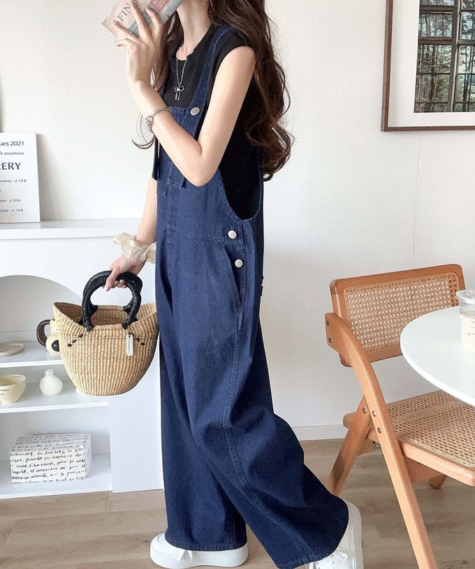 日本 Classical Elf - 純棉廓形丹寧風吊帶褲-側圓扣-象牙