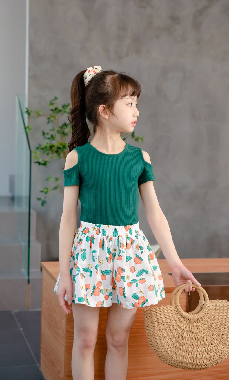 FANMOU - 99%棉腰鬆緊印花短褲-碎花-卡其色