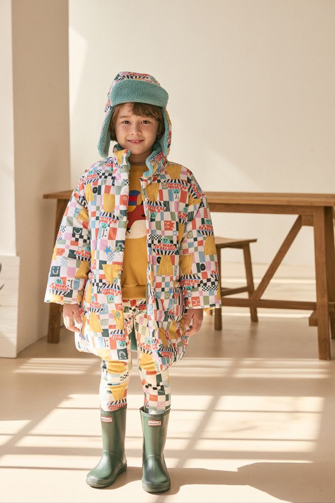 韓國 Mimico - (內磨毛)鬆緊腰彈力內搭褲-格子飛行船-橘底