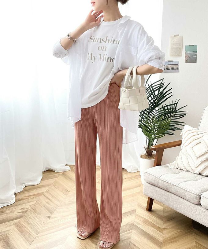 日本 Classical Elf - 光澤感細褶垂墜感長褲-酪梨綠