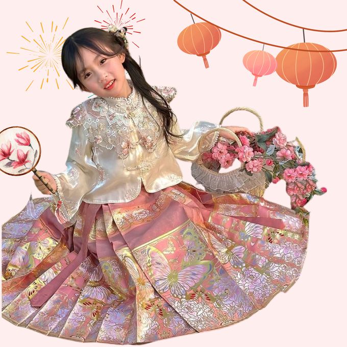 閃光絲雪紡襯衫金邊蝴蝶馬面長裙配繡花領片 女童粉色長裙套裝