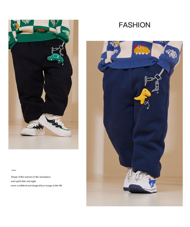 加絨腰鬆緊休閒保暖束口長褲-夾娃娃機恐龍-深藍色