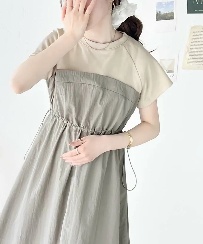 日本 Classical Elf - 法式袖拼接縮腰抽繩洋裝-卡其x淺灰
