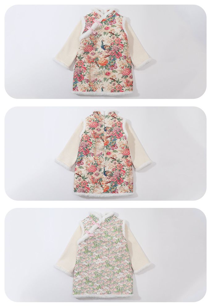 love, charlotte - 喜氣旗袍毛毛鑲邊長袖拜年洋裝-加厚加絨內裡-甜美鬱金香小白兔印花