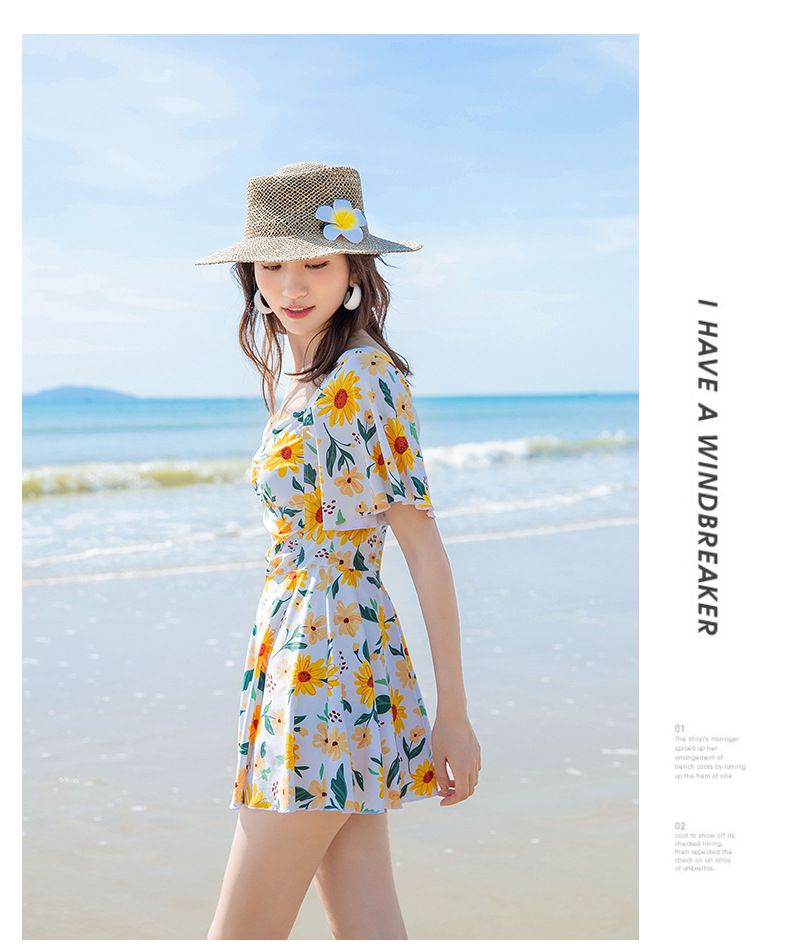 日系小碎花修身顯瘦遮肉連身裙泳衣-滿版花花-黃色