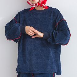 日本 Lupilien - 木耳縫線休閒絨面長袖上衣-海軍藍