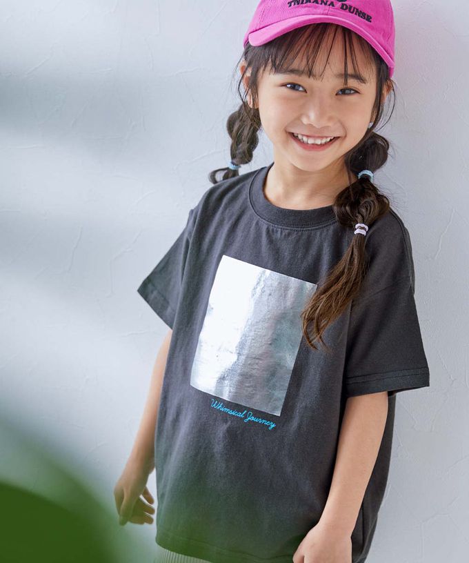 日本 devirock - 100%棉 閃亮金屬印花短袖上衣-炫藍方塊-淺灰