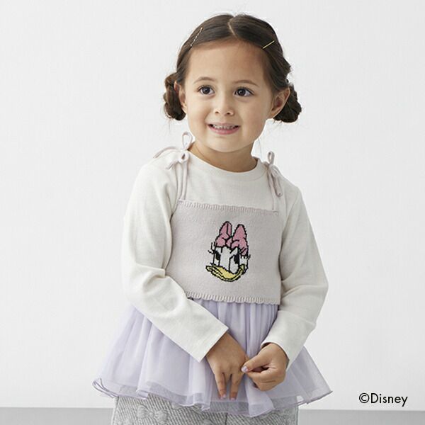 日本 petit main - 聯名款 針織細肩帶+雪紡拼接長袖(二件式)-黛西-粉紫