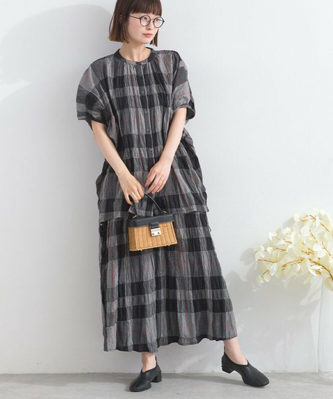 日本 Lupilien - 印度棉 皺皺文青格紋側抽繩長裙-米杏