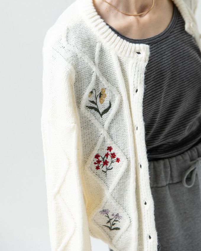 日本 gleam - 文藝風小花刺繡立體針織開襟衫-灰