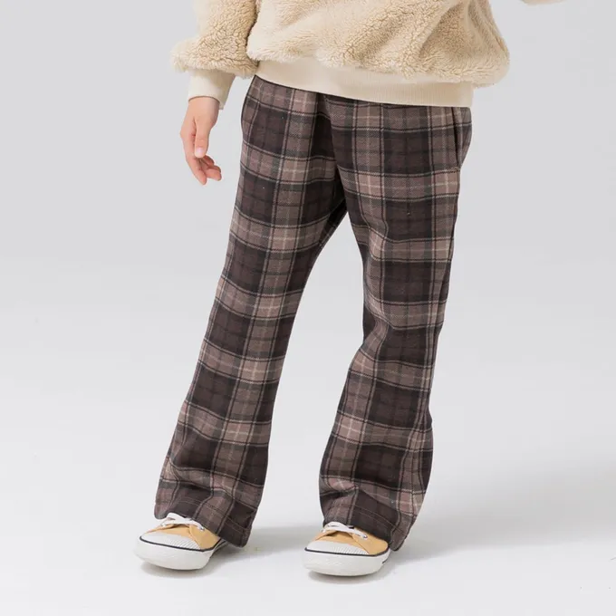 日本 Chil2 - 保暖內刷毛微喇叭彈力長褲-經典格紋-咖啡