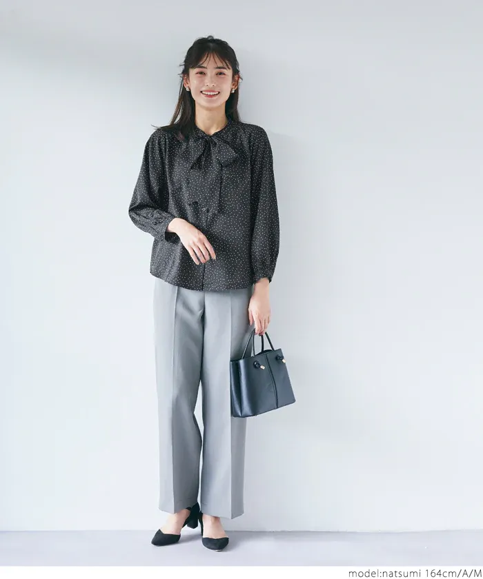 日本 COCA - 優雅紐結雪紡長袖上衣-點點-白