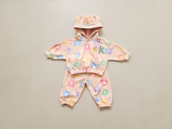 韓國 Mimico - 鬆緊腰多彩熊熊休閒縮口褲-橘膚