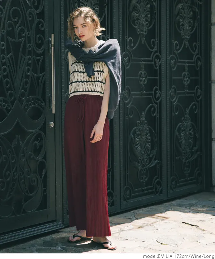 日本 COCA - [可剪裁] 速乾垂墜彈性風琴寬褲-淺灰棕