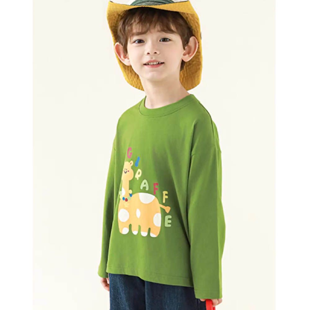 純棉圓領落肩長袖上衣-萌萌長頸鹿-綠色